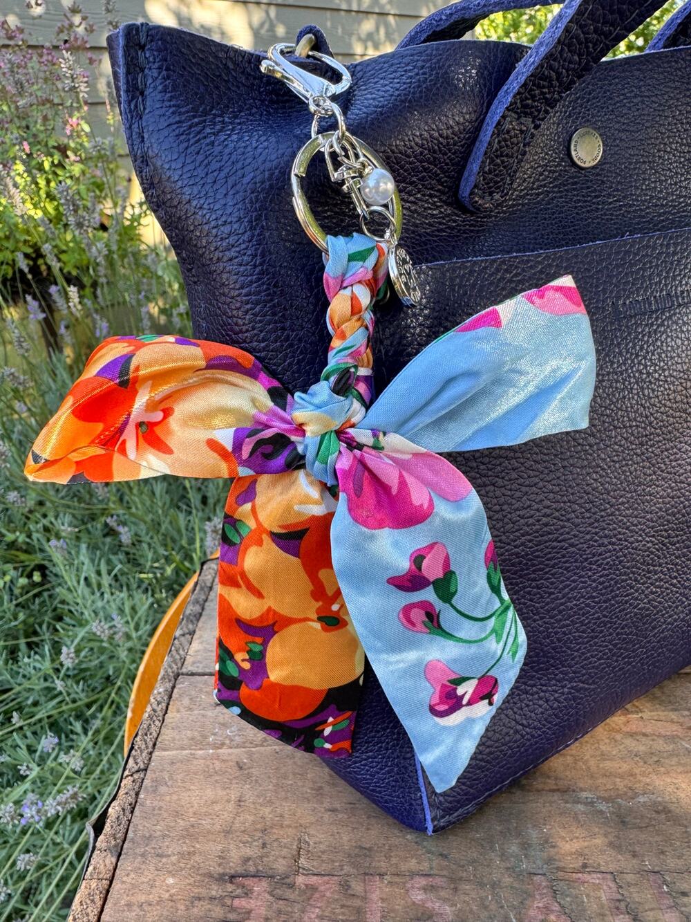 Satin Orange Pink Blue Floral Print Bow Bag Charm Floral Purse Charm